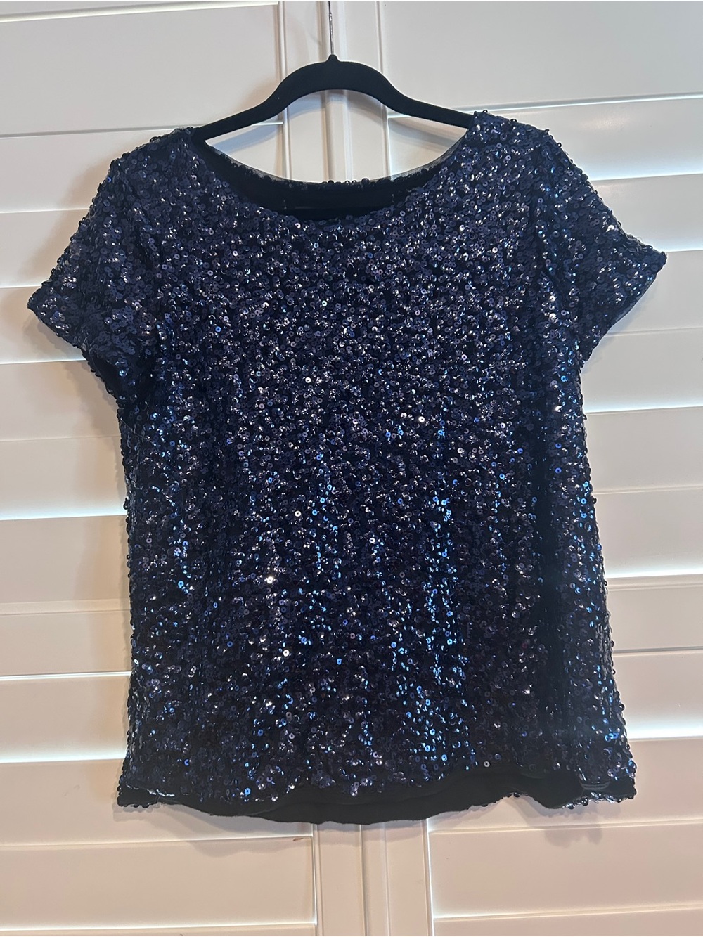 White House Black Market Sequin Short Sleeve Top - Navy Blue Size Medium